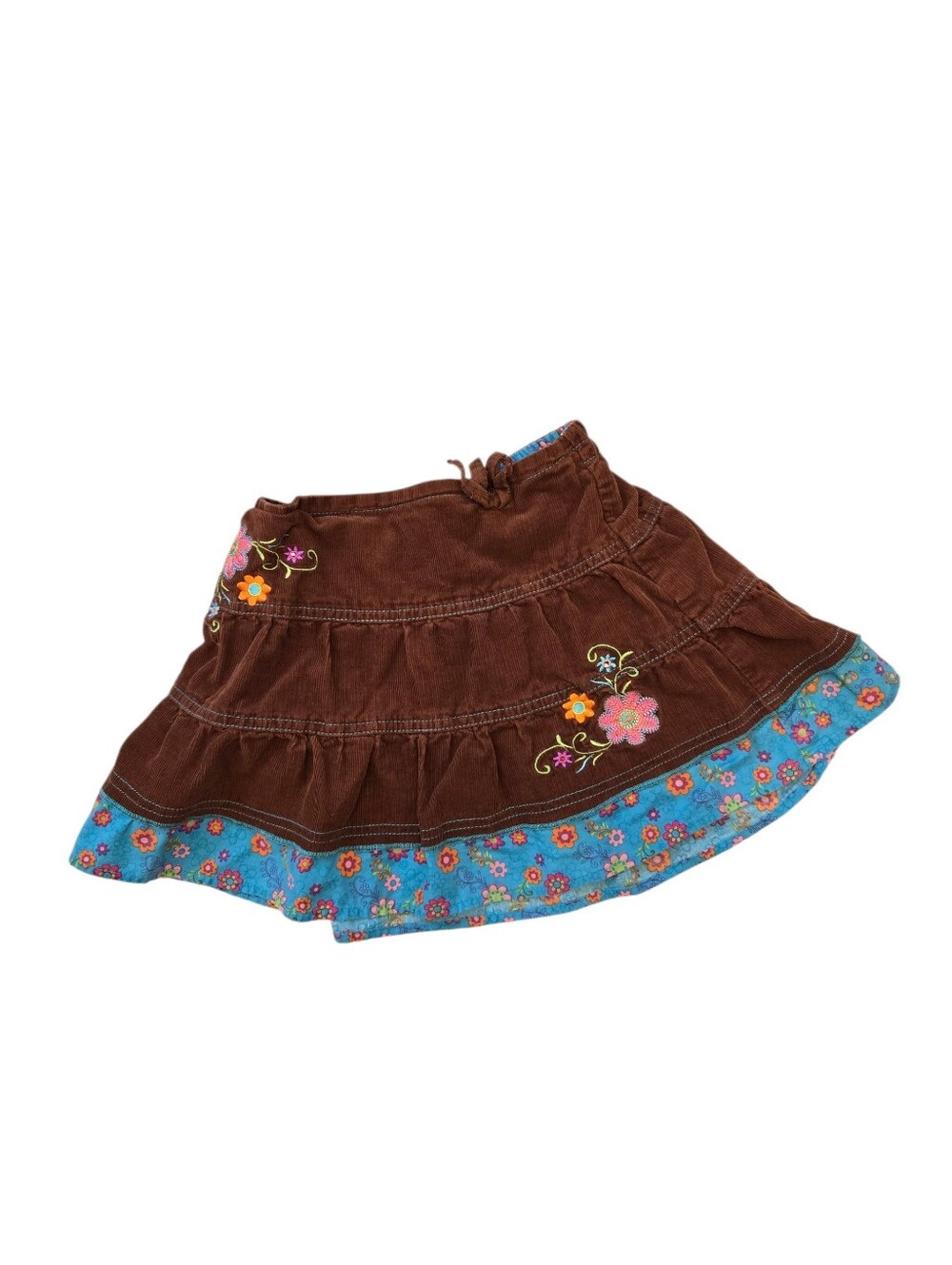 Vintage Y2k Self Esteem Boho Embroidered Brown Corduroy Tiered Skirt